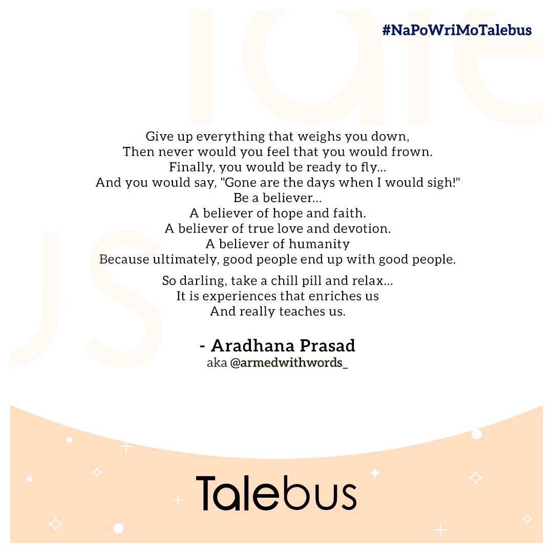 talebus's tweet photo. #NaPoWriMoTalebus Day 19: @armedwithwords_ 🎉
Exceptional poetry written by everyone over the past few days.
Cheers to all who write, and to all who will 💫
#talebus #NaPoWriMo #NaPoWriMo2019
#poetry #poems #poetrywritingmonth #read #writing #writer #amwriting #reader https://t.co/uWdwGYW8O6