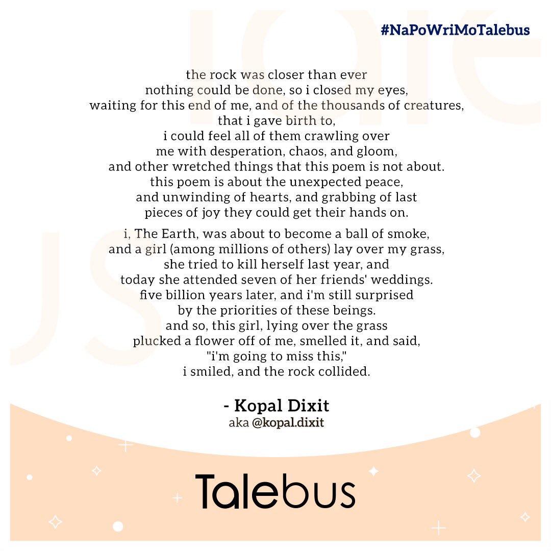 talebus's tweet photo. #NaPoWriMoTalebus Day 20: @kopal.dixit 🎉
Exceptional poetry written by everyone over the past few days.
Cheers to all who write, and to all who will 💫
#talebus #NaPoWriMo #NaPoWriMo2019
#poetry #poems #poetrywritingmonth #read #writing #writer #amwriting #reader https://t.co/1gJNoIc29Q