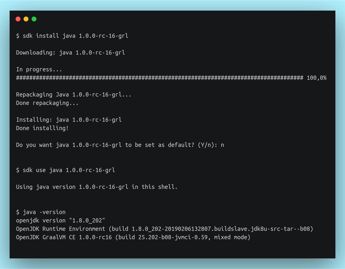 wololock's tweet image. 3 steps to use latest @GraalVM CE 1.0.0-RC16 with @sdkman_ 

$ sdk install java 1.0.0-rc-16-grl

$ sdk use java 1.0.0-rc-16-grl

$ java -version

#java #graalvm #sdkman #programming #tools #languages #bash #linux #carbon