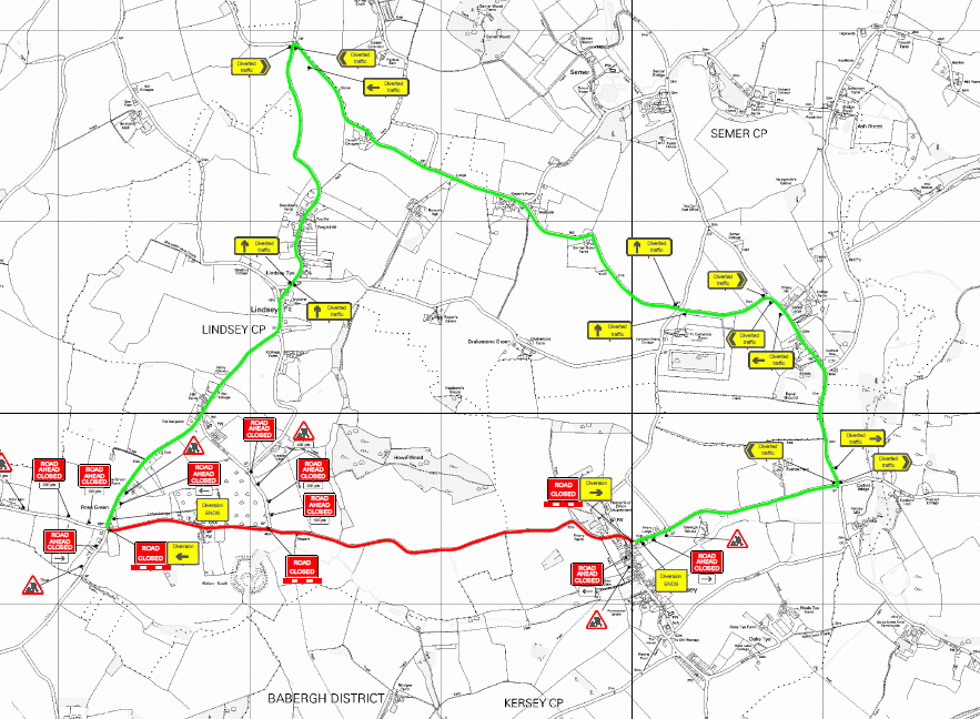 Suff_highways's tweet photo. The full length of Kersey Road, #Lindsey and Priory Hill, #Kersey, as shown below will be closed on 25 April between 9am and 3.30pm, for emergency repairs. Please follow the diversion. #SuffolkRepairs https://t.co/L6rgPFmdDi