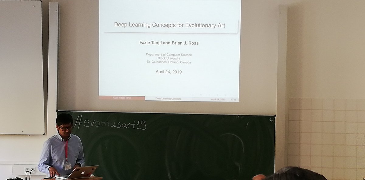 LeipzigJb's tweet photo. First presentation of EvoMUSART in Leipzig "Deep learning concepts for evolutionary art" Fazle Tanji, Brian J. Ross #evostar2019 #evomusart19 #leipzig #htwk https://t.co/S9lPn6RtI3