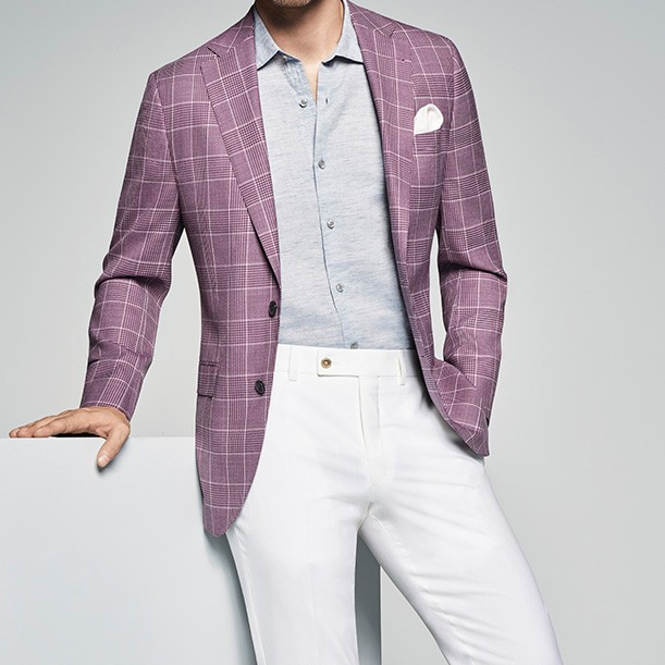 JackVictorStyle's tweet photo. Feel fresh in our berry sportcoat with dove windowpane, matched with your favorite white trousers. https://t.co/vVinoHAYWW