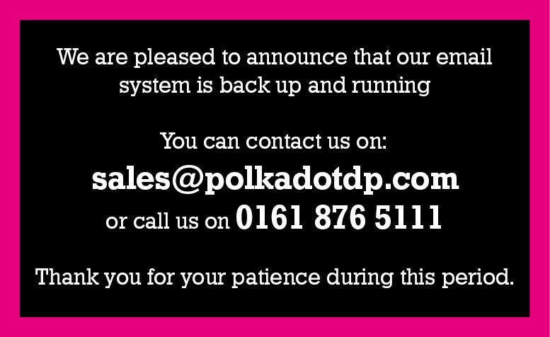 PolkadotTeam's tweet photo. Great news 😃 Our server is up and running again so you can continue to contact us via our usual email address ✉️ sales@polkadotdp.com and ☎️ 0161 876 5111 https://t.co/XOYOfBC4GJ