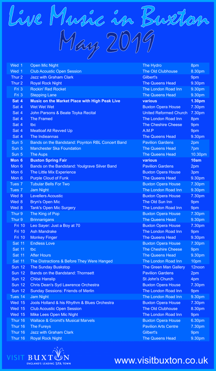 VisitBuxton's tweet photo. First half of the live music gig listing for May including Music on Market Place Festival and Buxton Spring Fair...

Full listing at https://t.co/q5i47gTSdv

#Buxton #Derbyshire #PeakDistrict #music #livemusic #gigs #events #whatson #nightlife #bands #festivals #BuxtonSpringFair https://t.co/B908ATa7z0