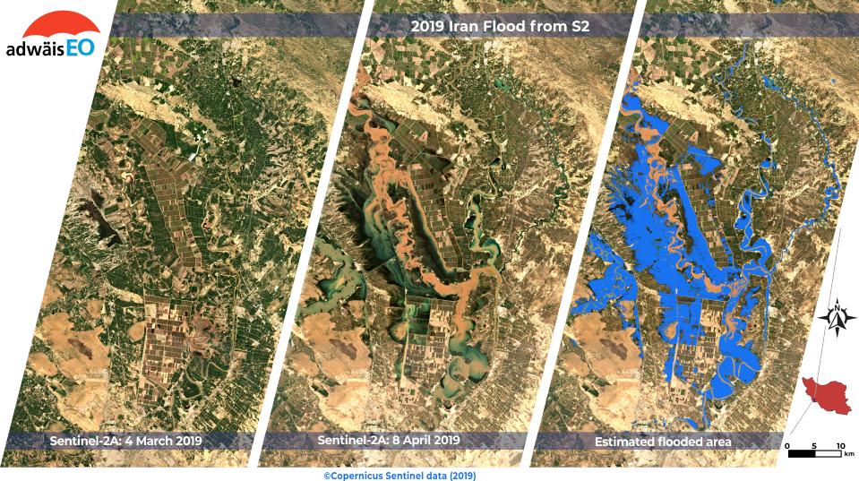 AdwaisEO's tweet photo. Estimation of the flooded area in the province of Khuzestan in Iran by Sentinel-2 imagery
 #sentinel #flood #LuCollGS #IranFlood #remotesensing #adwaiseo #copernicus #ndwi https://t.co/rnW3sHELFn
