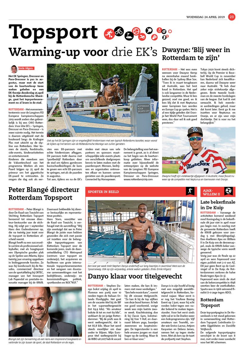 RotterdamEnO's tweet photo. RT RdamTopsport: 📰 Vandaag in de Havenloods Rotterdam aandacht voor de drie EK's in de hippische sport. Verder interviewden we Dwayne Kamp en Stephen Danyo over hun toekomstplannen. En kijken we alvast vooruit naar de bekerfinale op 5 mei 🧐 Lees verd… https://t.co/LbkZiPbQlK