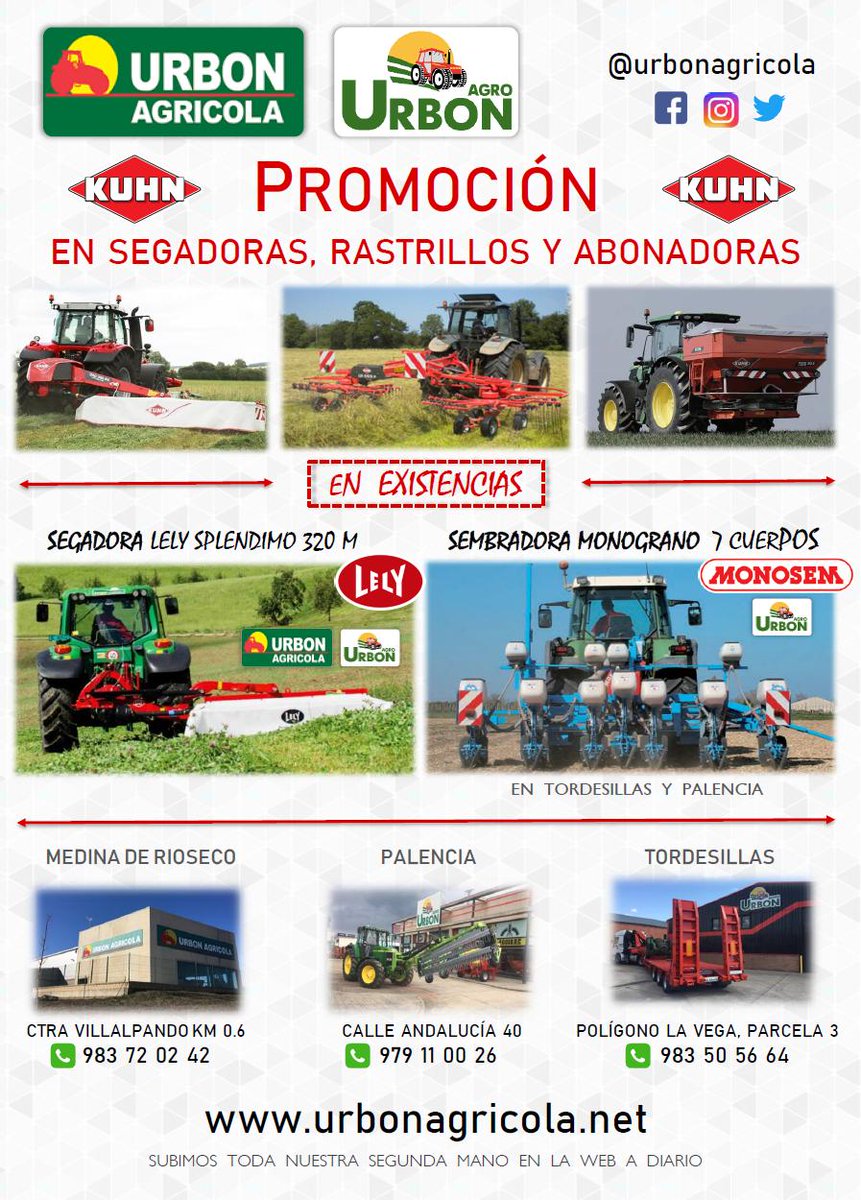 ¡Aprovecha nuestra promoción en existencias KUHN! Renueva tu maquinaria en la campaña de forraje con el mejor precio.

🚨 Y no olvides que está activo el Plan Renove 2019 de maquinaria agrícola en sembradoras directas, pulverizadores y abonadoras. ¡Subvenciones de hasta un 30%!