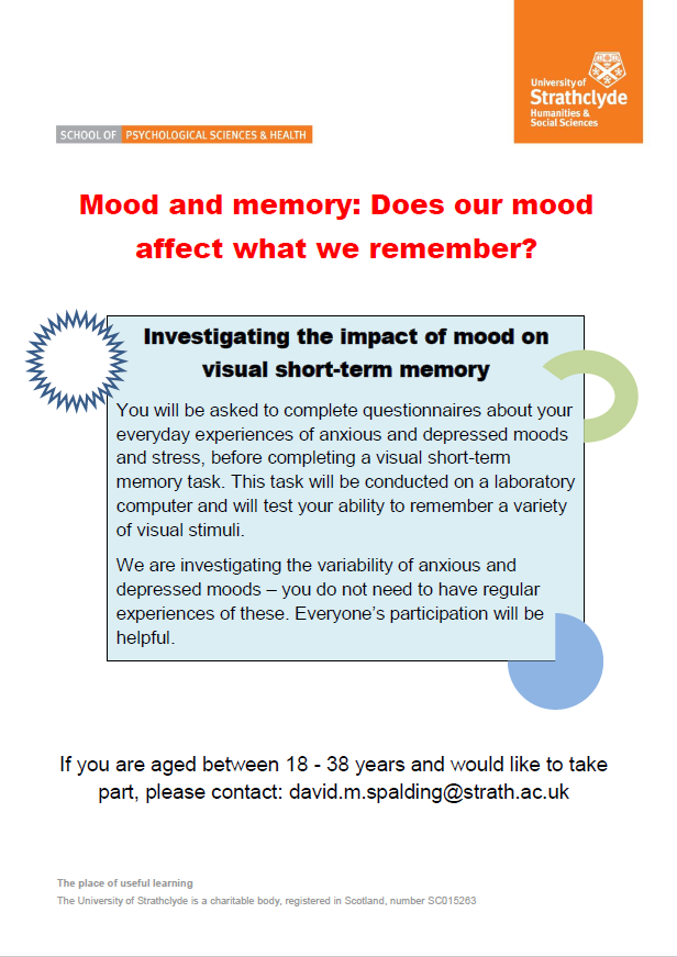 David Spalding (@david__spalding) on Twitter photo Just past the halfway point recruiting for a study in #mood and #memory at @UOSPsychology. Would really appreciate anyone aged 18-38 with an interest in taking part having a look at the flyer below and/or getting in touch for more info! <a href="/LNichollsStrath/">Louise Brown Nicholls</a> Just past the halfway point recruiting for a study in #mood and #memory at @UOSPsychology. Would really appreciate anyone aged 18-38 with an interest in taking part having a look at the flyer below and/or getting in touch for more info! <a href="/LNichollsStrath/">Louise Brown Nicholls</a>
