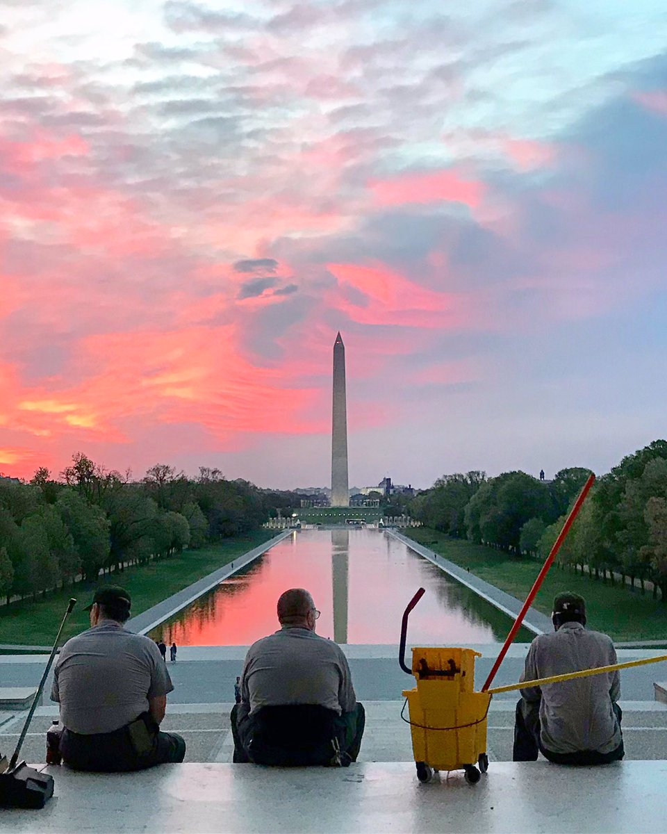 AustinKGraff's tweet photo. National Park Services officers taking a break from cleaning the Lincoln Memorial. Dedicated, they wake hours before sunrise to guarantee that the daily tourists see the best side of Lincoln. Not taking the task for granted, they stop to soak in the best view in Washington, D.C. https://t.co/uKwEWE8vSk