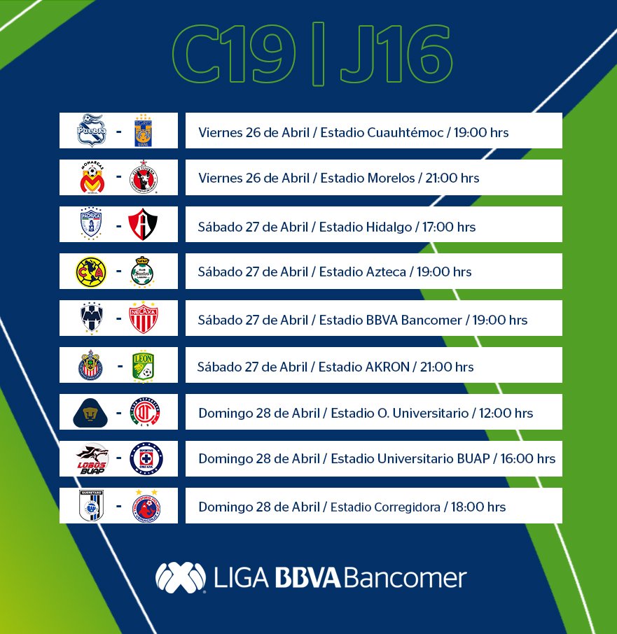 LigaBBVAMX's tweet photo. Ya no tienes que esperar más 😱😱😱

... porque ya está lista la #AgendaFutbolística 📅⚽ que regirá tu Fin de Semana, pues comienza la #Jornada16 del #Clausura2019 en la #LIGABancomerMX

¿Qué partido es el que más te llama la atención?

⚽ #SienteTuLiga ⚽ #AbrazadosPorLosNiños https://t.co/B158gEDC3Z