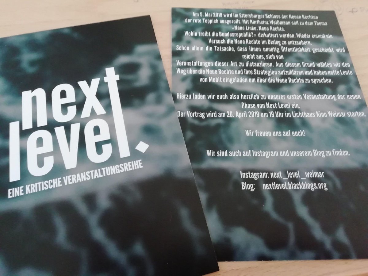 Mobile_Beratung's tweet photo. Am Freitag referieren wir in #Weimar über die "#NeueRechte" und ihre Strategien. Wann: 26. April - 19:00 Uhr | Wo: #Lichthaus Kino Weimar Kommt vorbei. Wir freuen uns drauf!
#NoNazis #Rechtspopulismus #Vortrag https://t.co/WSOyBmIiIW