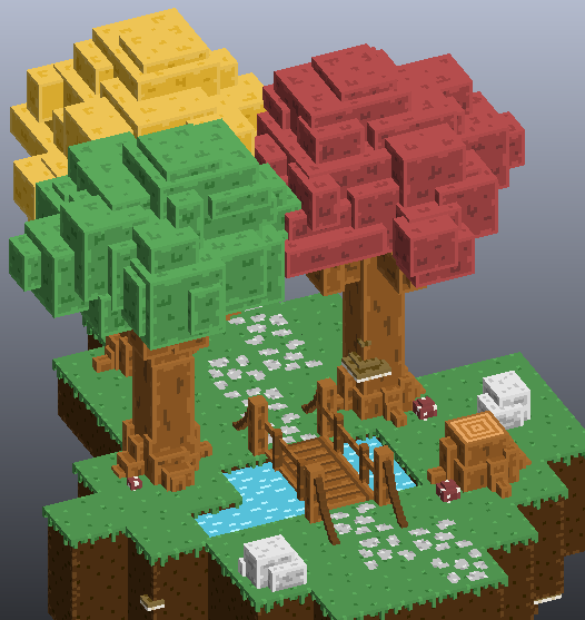 GameDevTravis's tweet image. Tuesday Dev Session: Joe messed around with tree color variations. We discussed paths and started on some ideas. Next up is stone face ideas. #voxel #gamedev #IndieDev #madewithunity #unity3d #IndieGameDev #voxelart