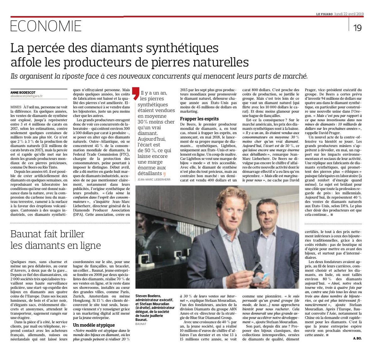 Baunat's tweet photo. #BAUNATPress | @Le_Figaro talks synthetic versus natural stones and how BAUNAT's innovative business model combines both price &amp; quality. 
Read online: https://t.co/dceB9jwfnB

#Diamonds #Diamondindustry #Disruptor #Digitalbrands https://t.co/kZwftqDXGg