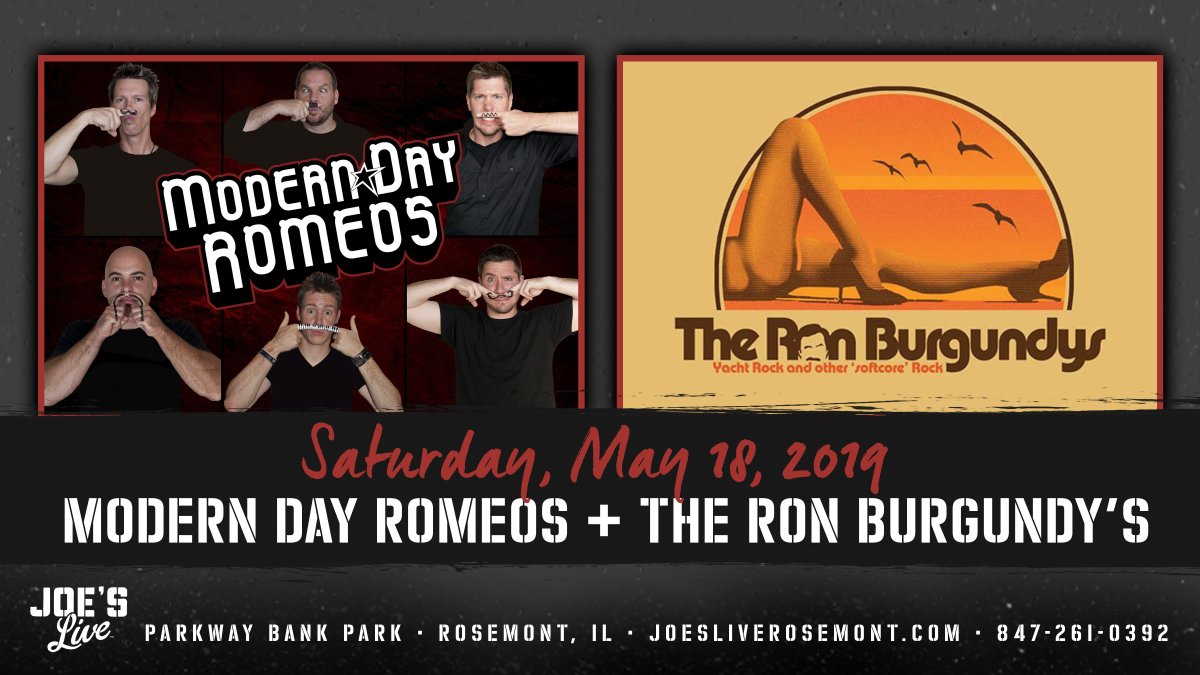 Joe's Live Rosemont (@joesrosemont) on Twitter photo Plan your night out with great music and good vibes on May 18!
#TheRonBurgundys X <a href="/moderndayromeos/">Modern Day Romeos</a> team up to bring you an unforgettable, good time! Tickets >> bit.ly/2HQysux Plan your night out with great music and good vibes on May 18!
#TheRonBurgundys X <a href="/moderndayromeos/">Modern Day Romeos</a> team up to bring you an unforgettable, good time! Tickets >> bit.ly/2HQysux