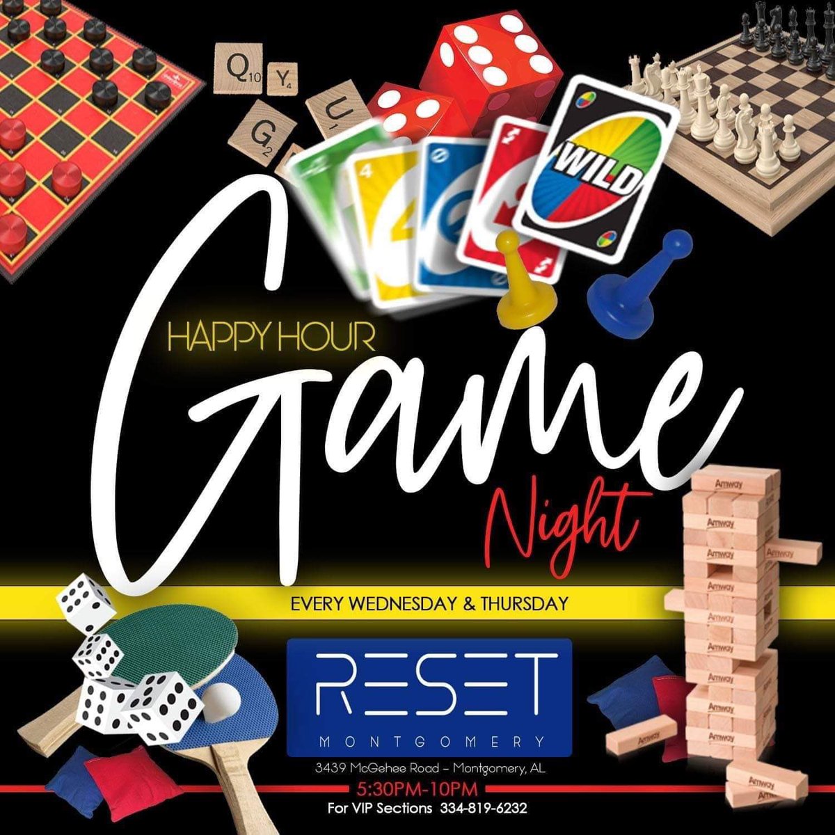 resetmontgomery's tweet photo. Today Game Night Happy Hour 5:30 https://t.co/KGb9NWjC0V