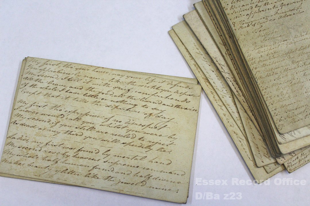 essexarchive's tweet image. How many long winter evenings might the Barrington family have spent entertaining themselves with these homemade riddle cards? We wonder, was it more fun making the cards or playing with them? (c.1775) #Archive30 #SomethingFun #Riddles