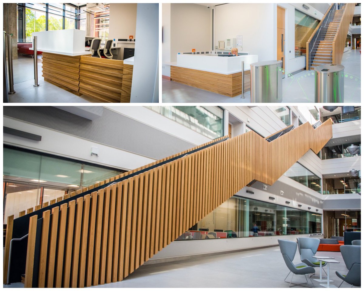 We designed and delivered 1 small reception desk and 1 LARGE staircase with over 400 individual oak posts! The reception desk was a walk in the park but the staircase presented more of a challenge! #receptiondesk #furniture #stairs #oak #oakposts #woodwork #architects