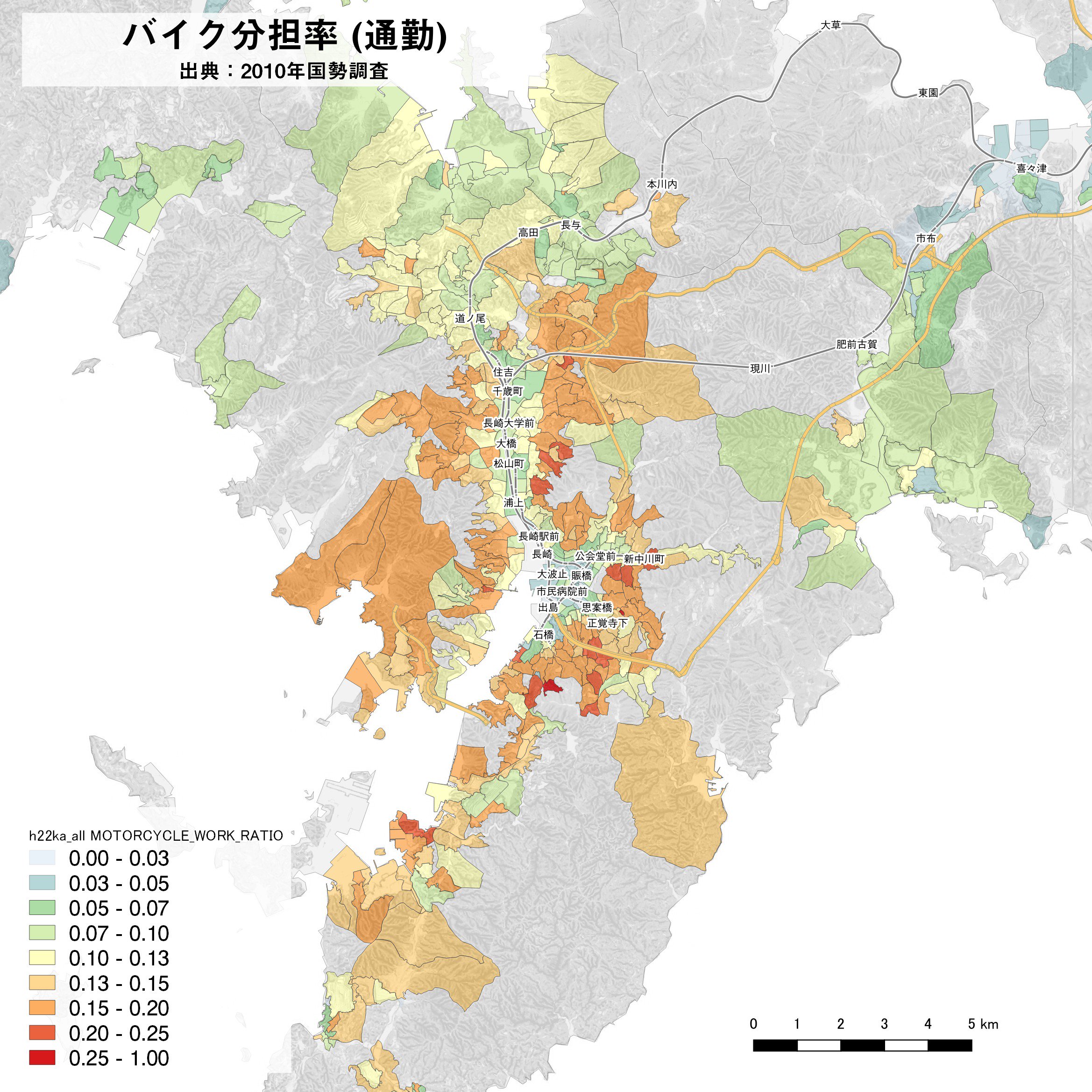 にゃんこそば データ可視化 En Twitter 県庁所在地では那覇市 松山市 長崎市 和歌山市でバイク普及率が高い 山の近くでシェアが上がるのはバスと同じ傾向 他の交通手段よりシェアが低いため 色の分け方 閾値 を変えています また長崎 和歌山 広島と