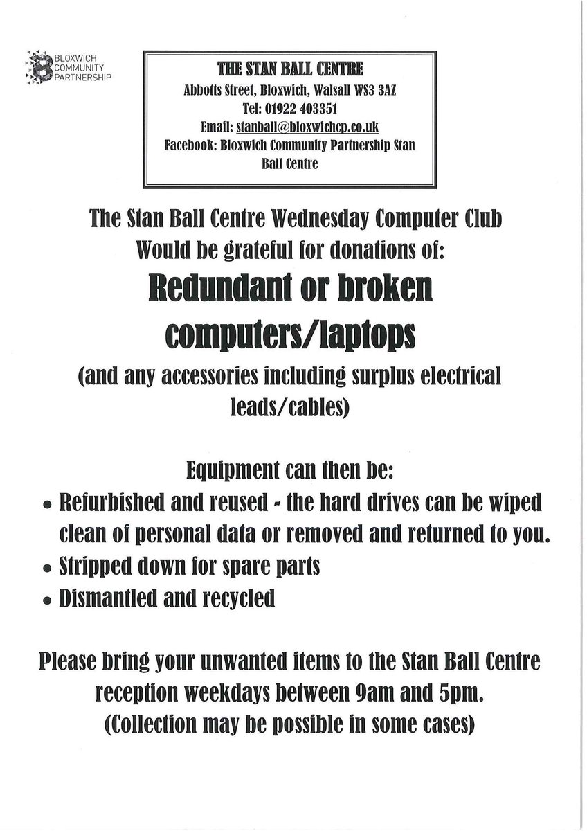 If you have any computer equipment and accessories that is no longer needed - either working or broken - bring it along to the Stan Ball Centre for recycling.