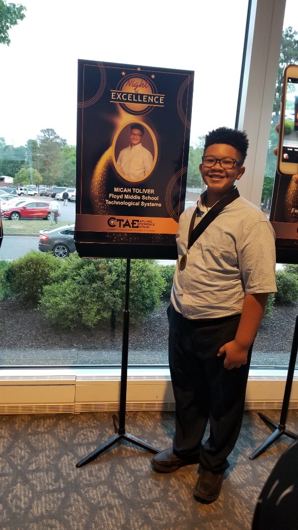 FloydMSCobb's tweet photo. We are proud of you Micah! CTAE Finalist for Technology Student of the Year! @mwangimw #FloydMS @CobbSchools @cobb_pbis https://t.co/mXLV55iQzy