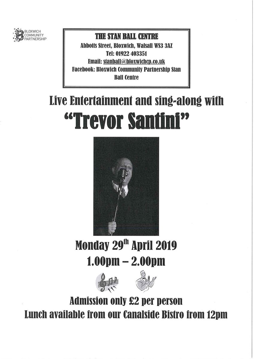 If you wish to improve your mental and physical wellbeing, come along to our Tai Chi class on a Wednesday morning.  You can enjoy a free cup of tea or coffee in the bistro afterwards too.  Also, appearing next Monday is singer/entertainer Trevor Santini - everyone welcome!