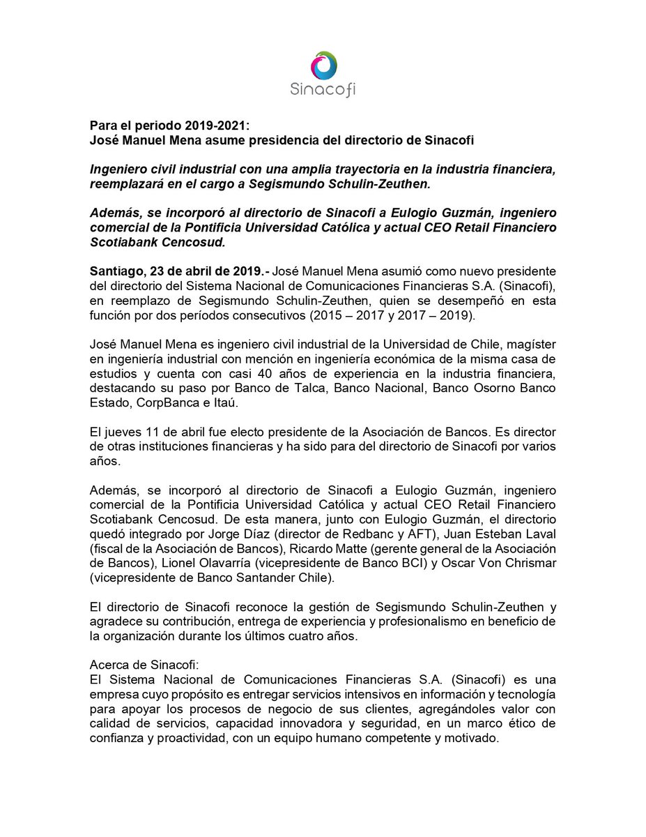 sinacofi's tweet photo. José Manuel Mena, ingeniero civil industrial con una amplia trayectoria en la industria financiera, asume presidencia del directorio de @sinacofi. Además, se incorporó a nuestro directorio a Eulogio Guzmán, actual CEO Retail Financiero Scotiabank Cencosud. https://t.co/JpaW8fyCqL