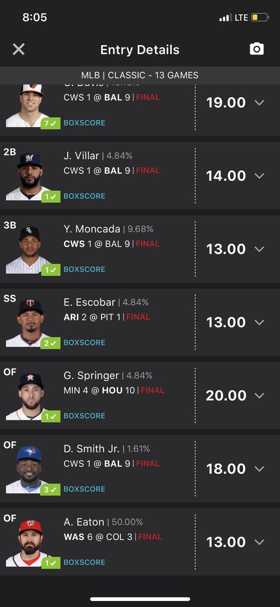 eraboi14's tweet photo. Who needs pitchers like Homer Bailey when you have bats like these 🔥 #MLBTout #DFS #Cash #DFSlines #ToutLife https://t.co/64BjwE9skp