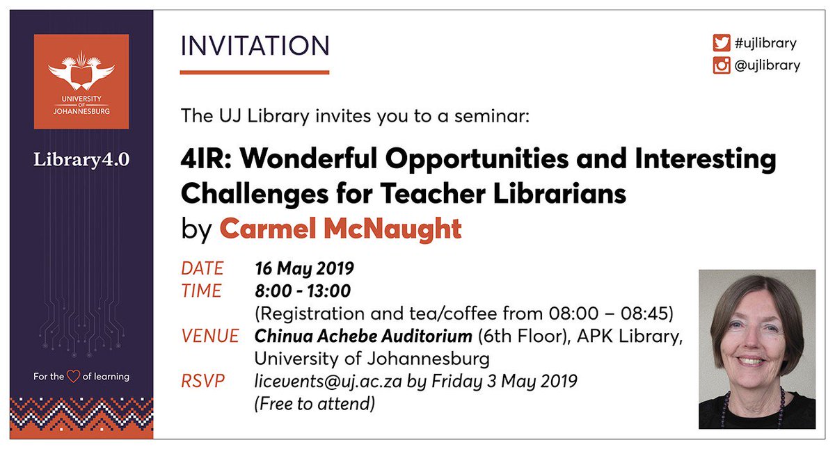 Do not miss out!

@UJLibrary invites teachers librarians to a seminar

#UJ4IR

@LIASANews #AfLIA
