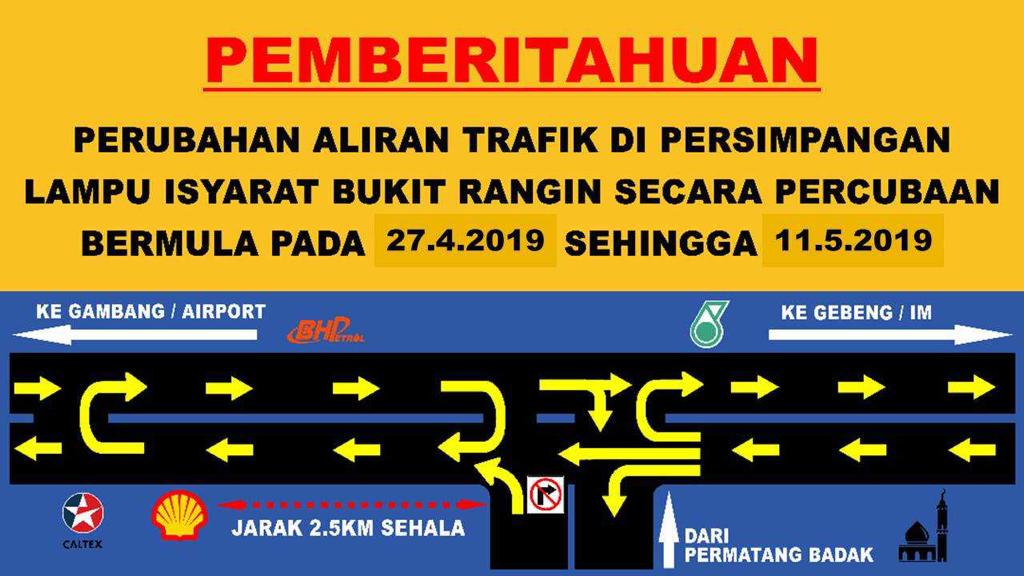 Notis pemberitahuan perubahan aliran trafik di Persimpangan Lampu Isyarat Bukit Rangin, Jalan Pintasan Kuantan (FT003). Tempoh percubaan dijalankan bermula 27.4.19 sehingga 11.5.19. <a href="/mannordin2015/">Pesara JKR Negeri Pahang</a> <a href="/JKRPAHANG/">JKR PAHANG</a> <a href="/JKRMalaysia/">JKR Malaysia</a> @RoadcareKuantan <a href="/Roadcare_Phg/">ROADCARE PAHANG</a>