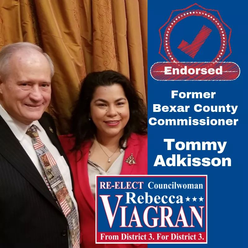 RebeccaViagran's tweet photo. Proud to have support in my re-election in #District3sa from Former County Commissioner @tommyadkisson . A longtime leader & champion for the South & Southeast side! #VoteViagran #VoteRebecca #ContinuetheWork https://t.co/LQ6wNtzj5Z