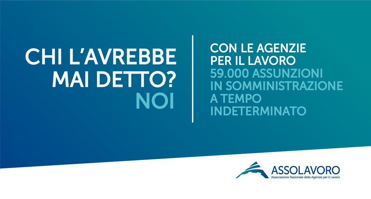 assolavoro's tweet photo. Le Agenzie per il Lavoro e il lavoro stabile: almeno 1/3 dei lavoratori in somministrazione vi accede! Scopri di più https://t.co/w6zDMfAPKL
#LavorodiValore https://t.co/I34KElwRCJ