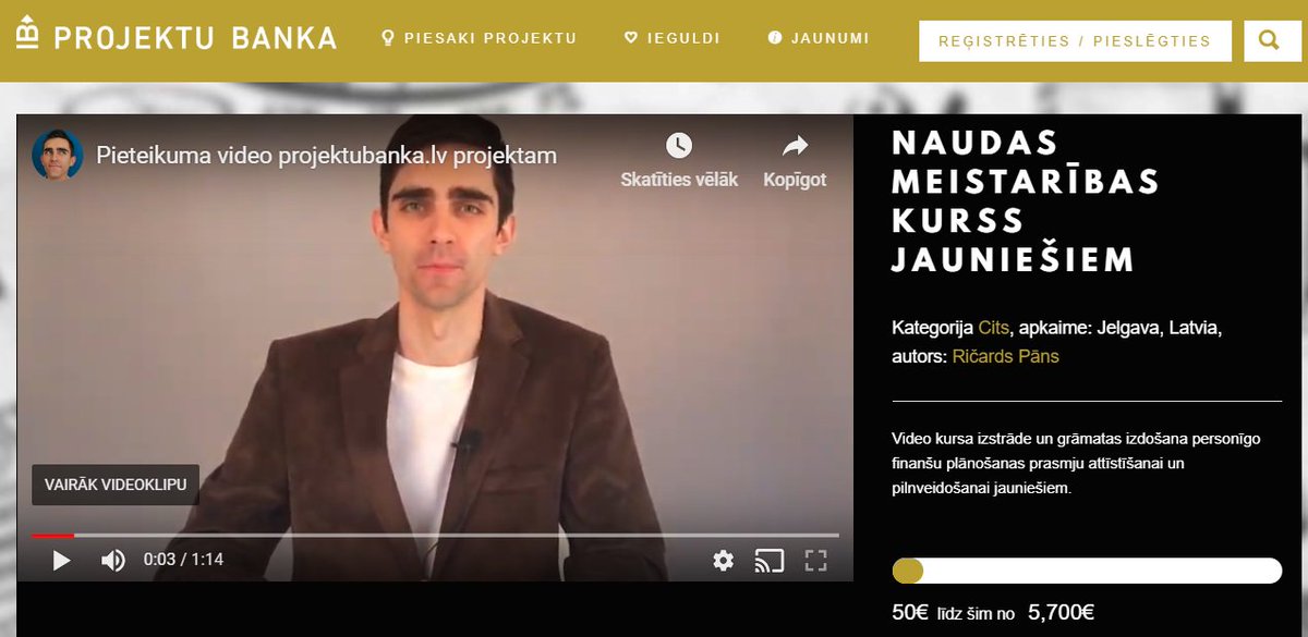 "Naudas meistarības kurss jauniešiem" to ar jūsu atbalstu vēlas izveidot Ričards Pāns. Viņa mērķis ir palīdzēt jauniešiem izdarīt pārdomātas finanšu izvēles.

projektubanka.lv/projects/nauda…