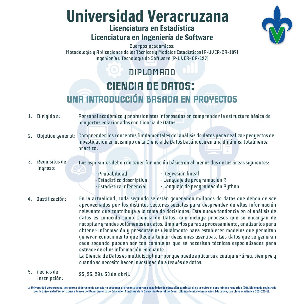Mañana iniciamos registro de solicitudes de inscripción para la primera generación del Diplomado Ciencia de Datos: una introducción basada en proyectos. Horarios de atención para jueves y viernes de 13 a 14 y de 15 a 18 horas. Cubículo 36 con <a href="/sesi1035/">Cecilia Cruz Lopez</a> #TeamEstadísticaUV