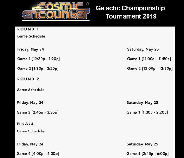 pgocosmic's tweet photo. The Cosmic Encounter Tournament game schedule is now posted. https://t.co/yjjEJ1beWH
#CE42 #CosmicEncounter #boardgamegeek #bgg #FFG #CosmicEncounters #geekgames #boardgamegeeks #fantasyflightgames #familygamenight #ceatevicon #BoardGameHour #escapevelocity https://t.co/L6Xpa1M4kd
