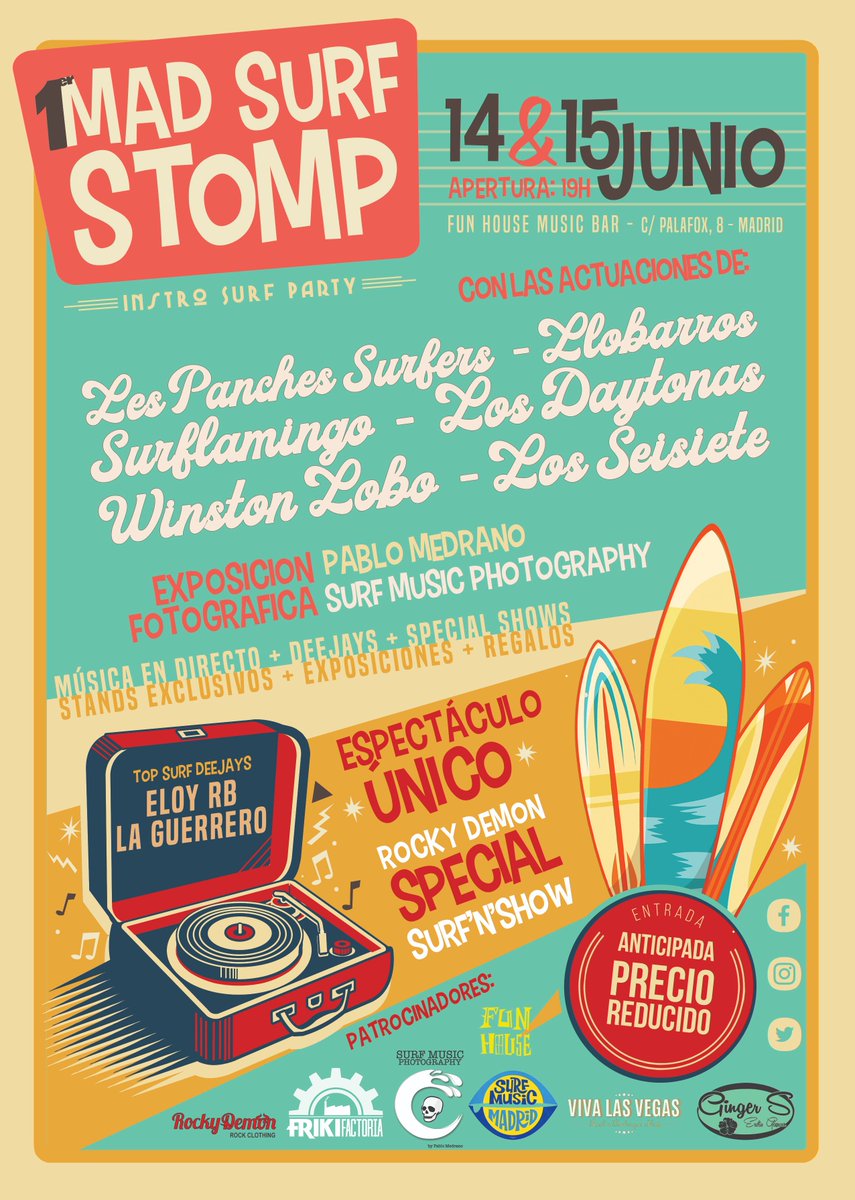 MadSurfStomp's tweet photo. 🏄‍♂️1er MAD SURF STOMP🏄‍♂️

Madrid va a dar la bienvenida al verano con la primera fiesta completamente Instro Surf‼️

🎟 Entrada anticipada a precio reducido
https://t.co/UiNnjmdFYf

#surfmusic https://t.co/yI4kGz71cK