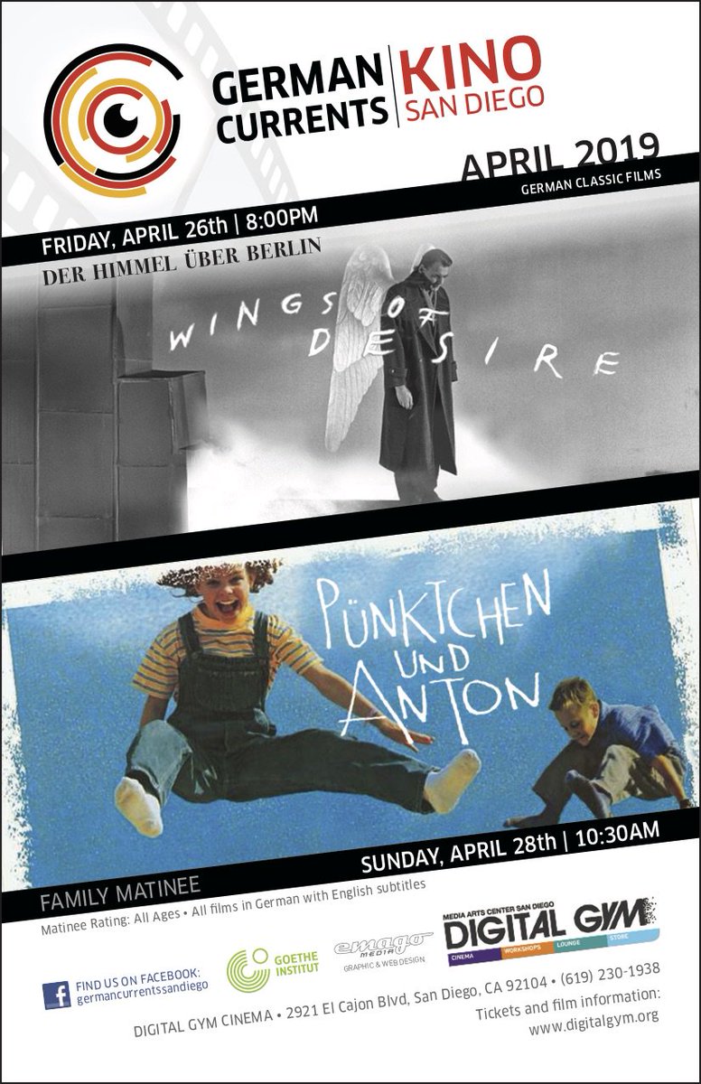 Germancurrentsd's tweet photo. 🎬 Join us this weekend to celebrate German Currents KINO's 1st anniversary: Friday, April 26, 8:00 PM: "WINGS OF DESIRE" ("HIMMEL ÜBER BERLIN")
Sunday, April 28, 10:30 AM (Family Matinee): “PÜNKTCHEN UND ANTON”. Tickets: https://t.co/SmOdFxsGKH  @DigitalGymSD @GI_LosAngeles https://t.co/F9AT98FNhj