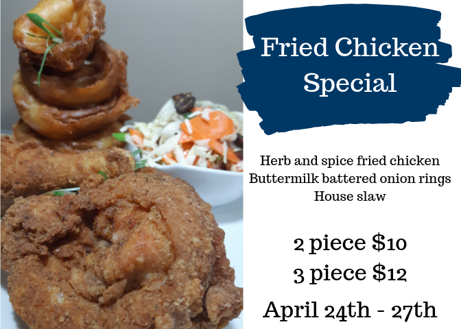 Starts today! Juicy seasoned chicken, buttermilk onion rings, and house made coleslaw🍗😃