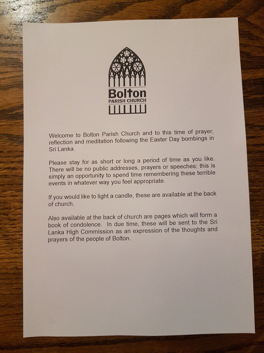 THEBCOM1's tweet photo. A time to reflect and say a prayer in the wonderful surroundings of @StPeterBolton Bolton Parish Church. Christians, Muslims, Hindus, people of other faiths and none remembering those who perished, those who were injured and all affected by the Sri Lankan Bombings. @BreweyChris https://t.co/VTqi0owsRi