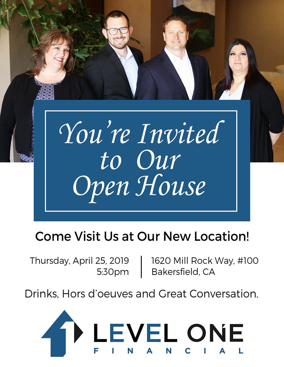 Level1Financial's tweet photo. We're throwing a party and you're invited! Come visit us at our new location on Thursday at 5:30pm. Drinks and hors d'oeuvres. Get a chance to meet everyone and see our new place. Hope to see you!
#levelonefinancial #openhouse #bakersfield https://t.co/sJSI1fSC6r