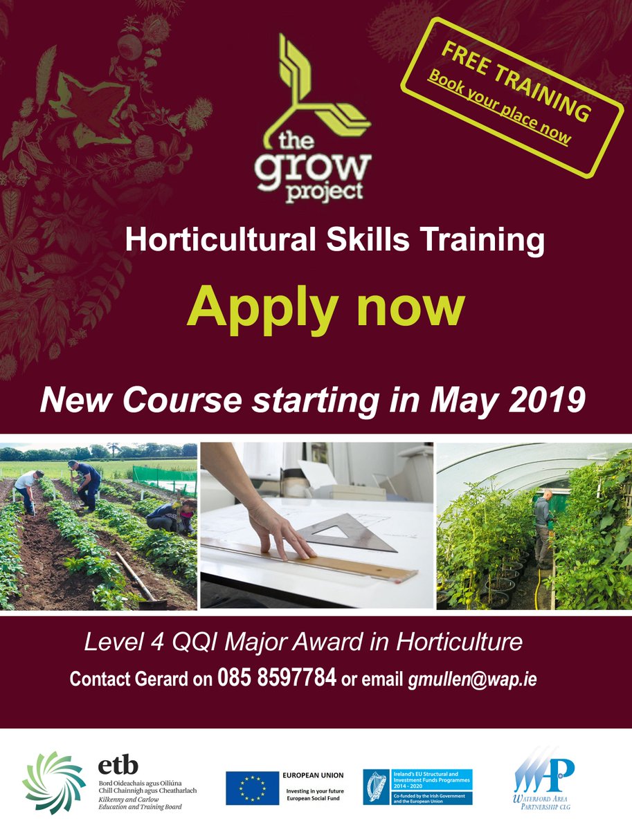 TheGrowProject1's tweet photo. Applications still open for our new one year QQI Level 4 Horticulture course. Make a fresh start and sow the first seed for a new career today! 🍅🥦🍏@kcetb @WAEGS_WC @WAPartnership @TheFerrybankCN @wapent1 @WaterfordCounci @Grow_HQ https://t.co/M1FBg84IDE