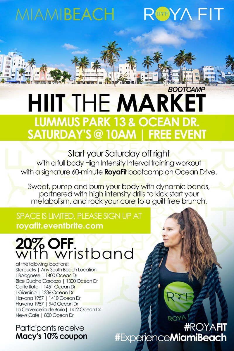 MiamiBeachNews's tweet photo. Missed out on our 1st HIIT the Market bootcamp? We're bringing you a FREE HIIT workout every Saturday at Lummus Park!
Get your sweat on then enjoy 20% off your brunch at participating restaurants on Ocean Drive, RSVP today: https://t.co/6v6wvaMbFP #ExperienceMiamiBeach #RoyaFit https://t.co/V9enwHsWmV
