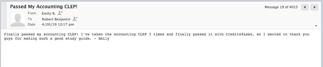 Creditsforless's tweet image. Emily R., Continue to do great things! Congrats on your successful #CLEP exam.