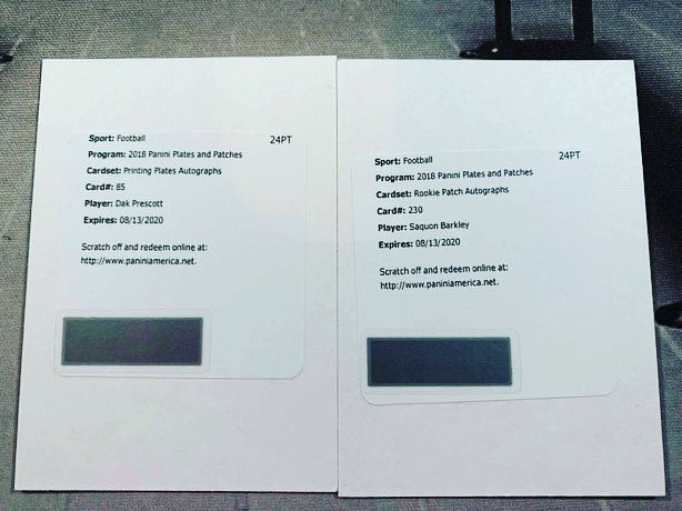 thelockerroom78's tweet photo. Showing off our #hits from our #footballmixer. It was well worth the wait! #groupbreaks #boxbreak #thehobby #footballcards #nfl #bakermayfield #saquonbarkley #joshallen #paninione #absolutefootball #platesnpatches #breakwiththebest #lcs #shoplocal #bighits https://t.co/GDbjTO0vGl
