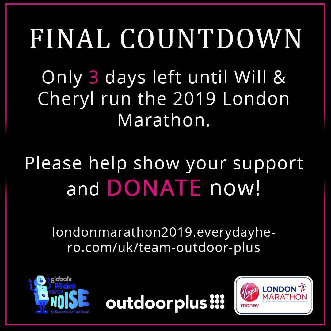 Outdoor_plus's tweet photo. Its the final countdown to the 2019 @LondonMarathon &amp; we have our very own @WillRichardso77 &amp; @cheryldavis01 taking part! Please help them, help @global @makenoise make a difference to many children across the UK by donating now... Good luck guys!!! https://t.co/D1p7JkR7v0