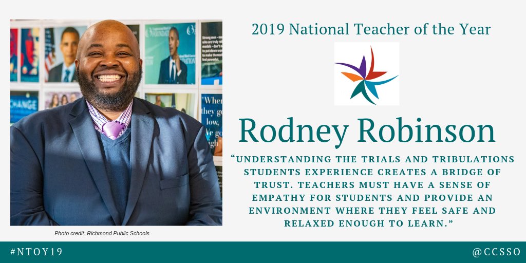 Congratulations to Rodney Robinson! You are one amazing teacher and person! So proud of you! Absolutely loved the closing remark on CBS. A man with a heart so big, “You can see it from space!” So true! So powerful! #Oklaed <a href="/CCSSO/">CCSSO</a> #NTOY19