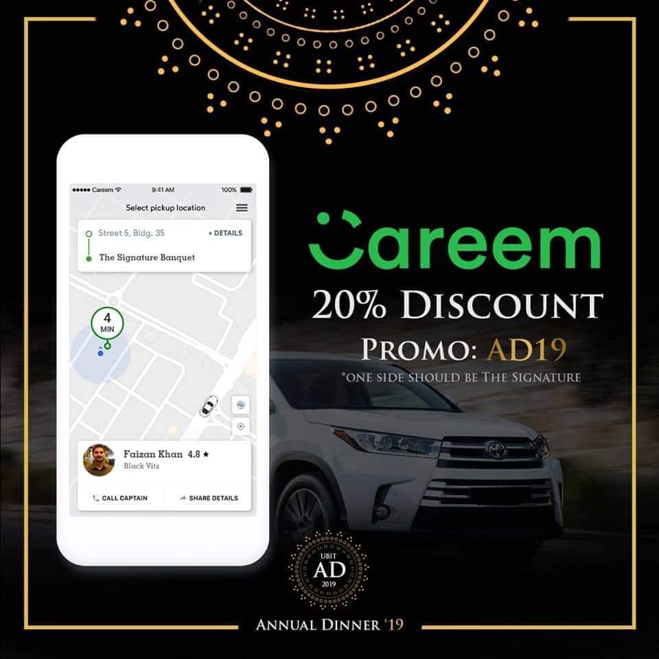 ubitad19's tweet photo. Journey to AD made easy. Team UBIT AD is thrilled to announce Careem as our Travel Partner, now you can enjoy a hassle free ride to UBIT Annual Dinner with Careem. We'll be there waiting for you all.

#AD19
#ThePrideAndThePromise
#BestOfEver https://t.co/uSOvrILP8n