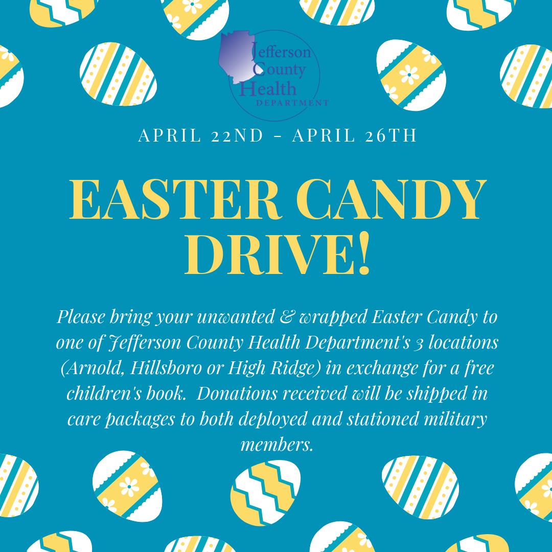 JC_DPC's tweet photo. Did your kids receive a TON of candy for Easter and you don't know what to do with it?  Until Friday, April 26th bring in your wrapped candy to one of 3 JCHD locations to help support care packages being sent to military members and receive a FREE children's book in exchange! https://t.co/qdYd6hwgxr