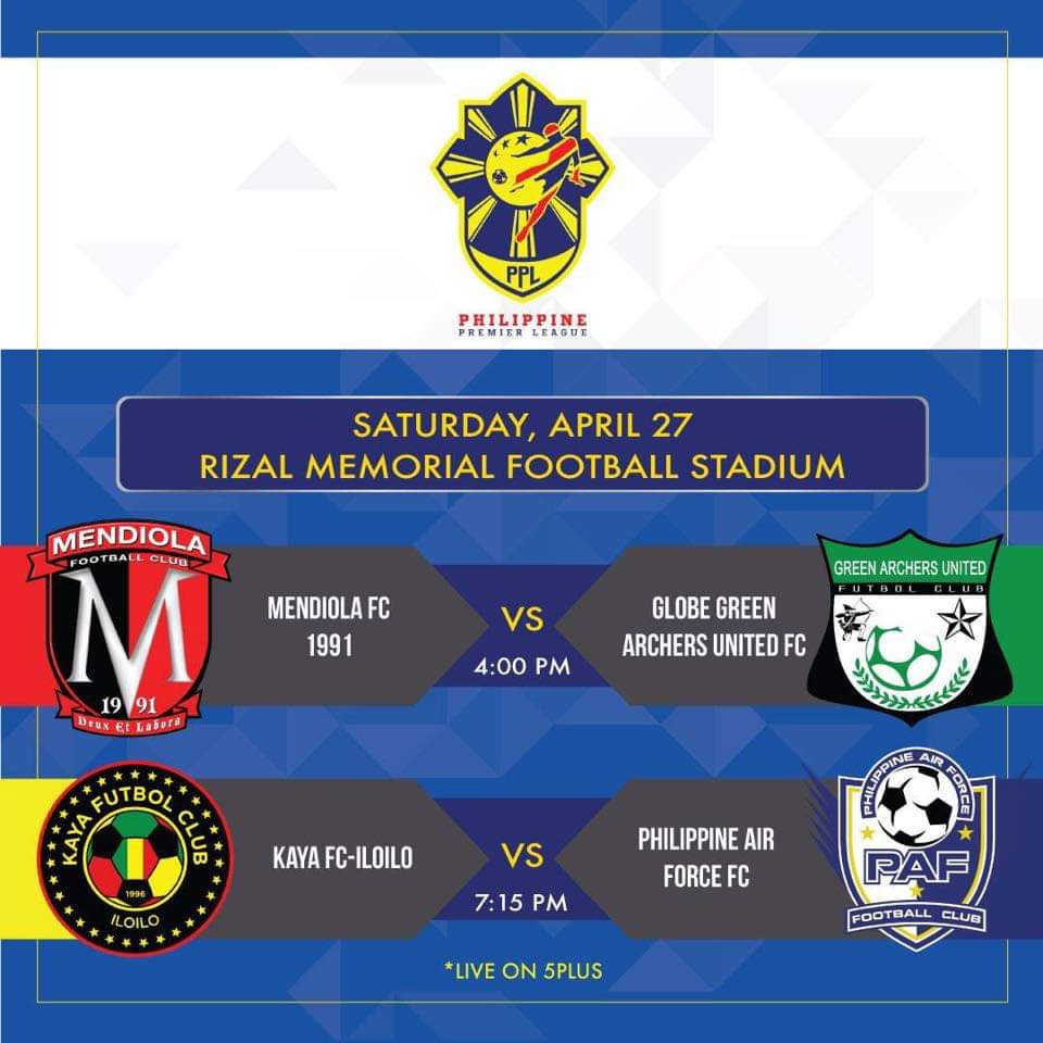 <a href="/PhilPremLeague/">Philippine Premier League</a> is ON this Saturday with two electrifying matchups! <a href="/GAU_ANIMO/">Green Archers United</a> v <a href="/MendiolaFC/">Mendiola FC 1991</a> then <a href="/PHLAirforceFC/">Phil. Airforce FC</a> and <a href="/KayaFC/">Kaya Futbol Club</a> in the 2nd gm LIVE on <a href="/5PlusPH/">5 Plus</a> . Pls RT! #PPLFutbol