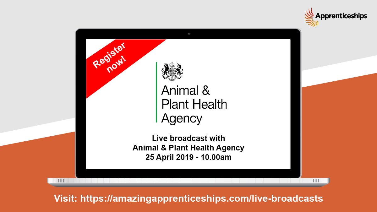 Have you booked for tomorrow's live #apprenticeship broadcast yet? Find out about exciting opportunities with the Animal & Plant Health Agency, great for those with an interest in animals and the environment! https://tinyurl.com/y3ojfatd