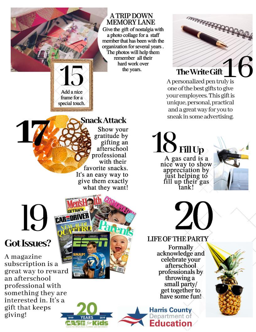 HCDE_CASE's tweet image. Here are 20 WONDERFUL ideas to help you figure out what to get your afterschool professionals for #APAW! #CASEforKids #makingafterschoolcool